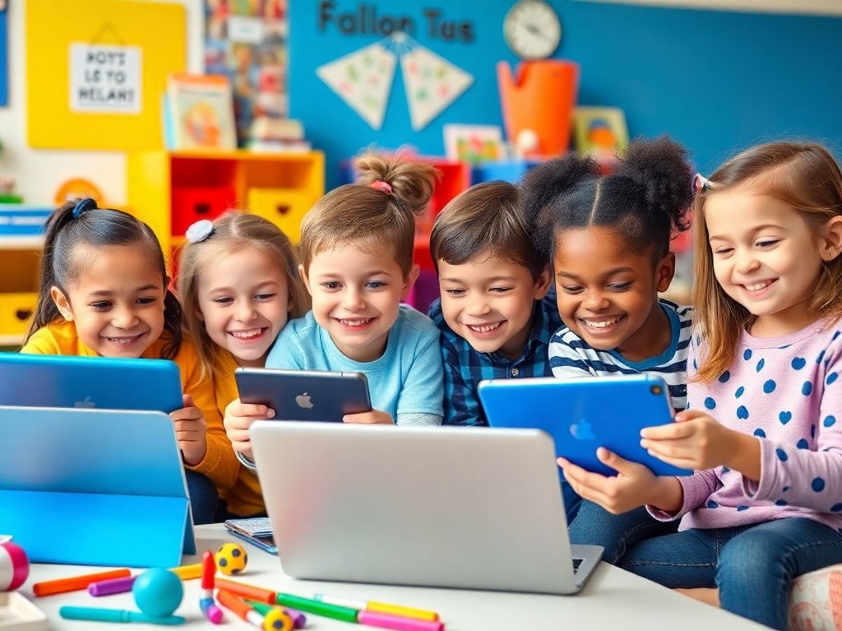 Copii învățând cu tehnologie în clasă.