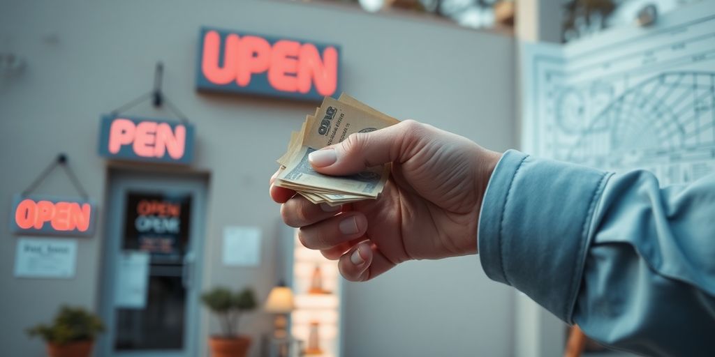 Hands exchanging money over a blueprint with a small business.