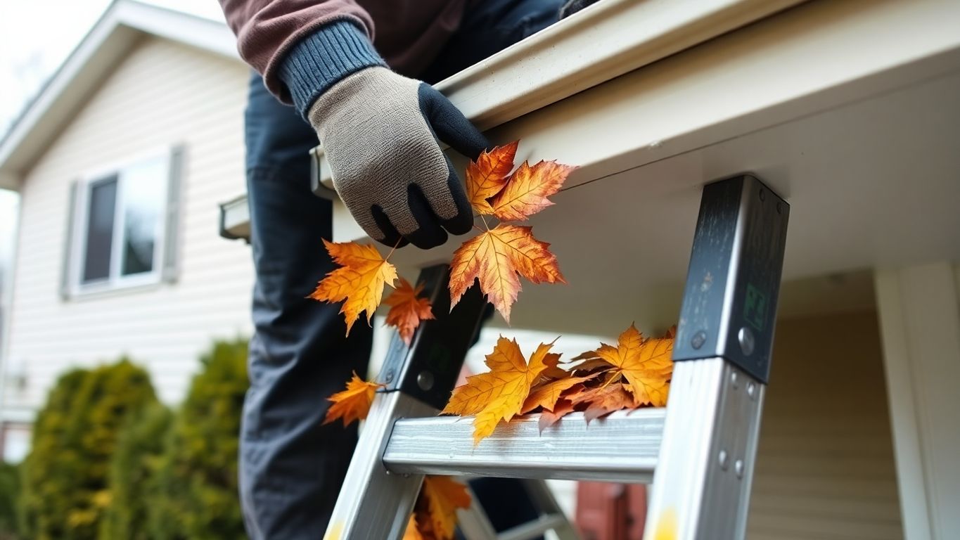 Ladder, person, cleaning gutters, autumn leaves.