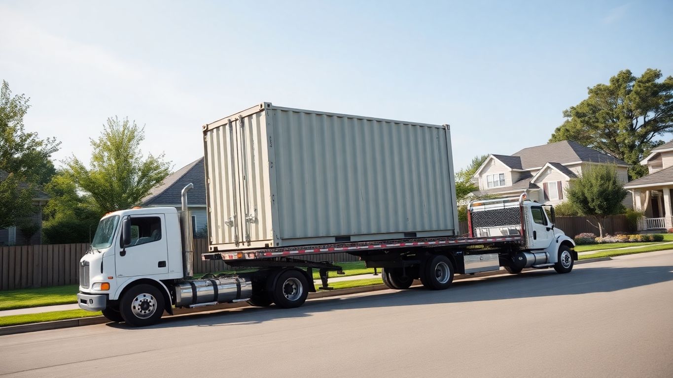 Shipping container in residential backyard, truck nearby