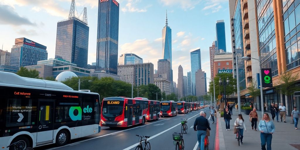 Futuristic New York City with electric buses and green spaces.