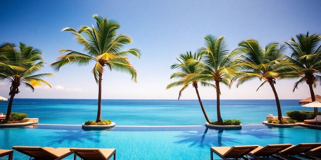 Luxury resort pool, ocean view, Cabo San Lucas.