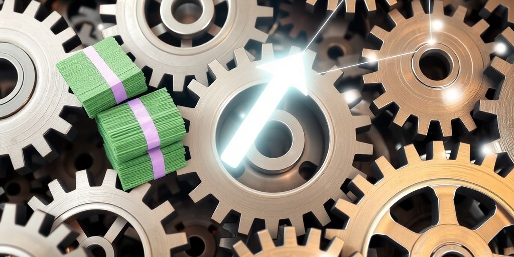 Gears turning, stacks of money, upward arrow, abstract connections.