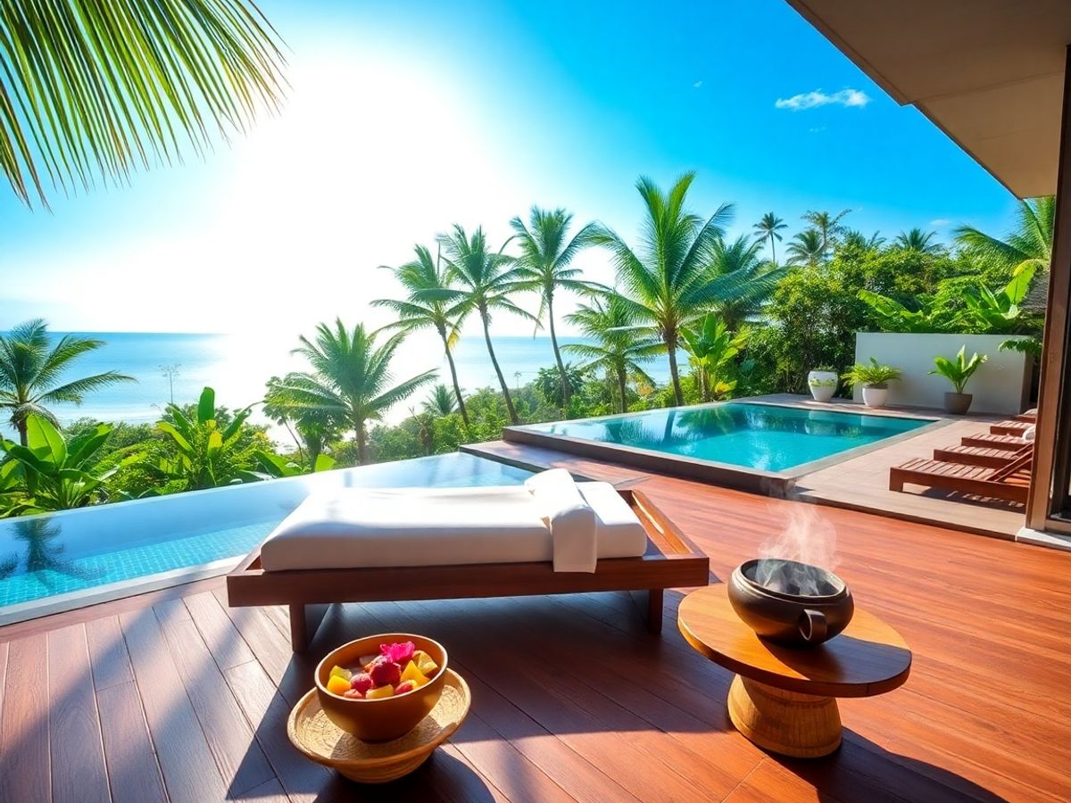 Terrasse de villa privée avec lit de spa, bol de fruits frais, piscine.
