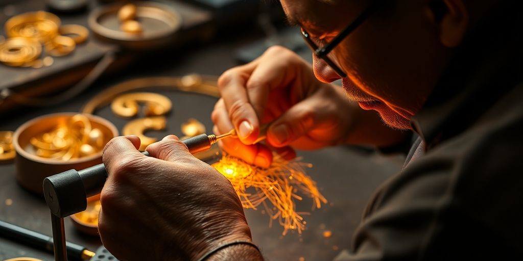 珠寶商使用熔化的黃金和現代工具進行工作。