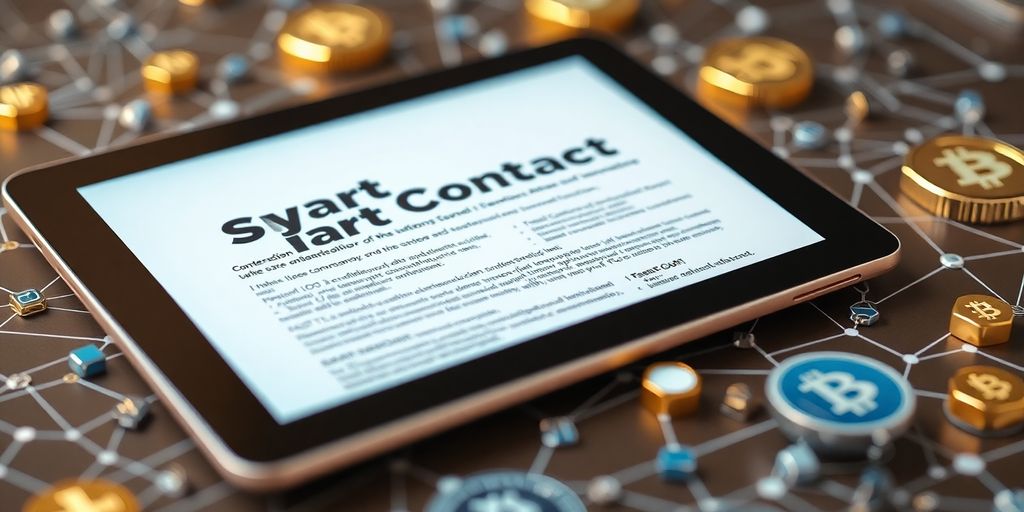 What is the Purpose of Blockchain Technology: A Comprehensive Guide 4 Digital tablet displaying a smart contract with blockchain elements.
