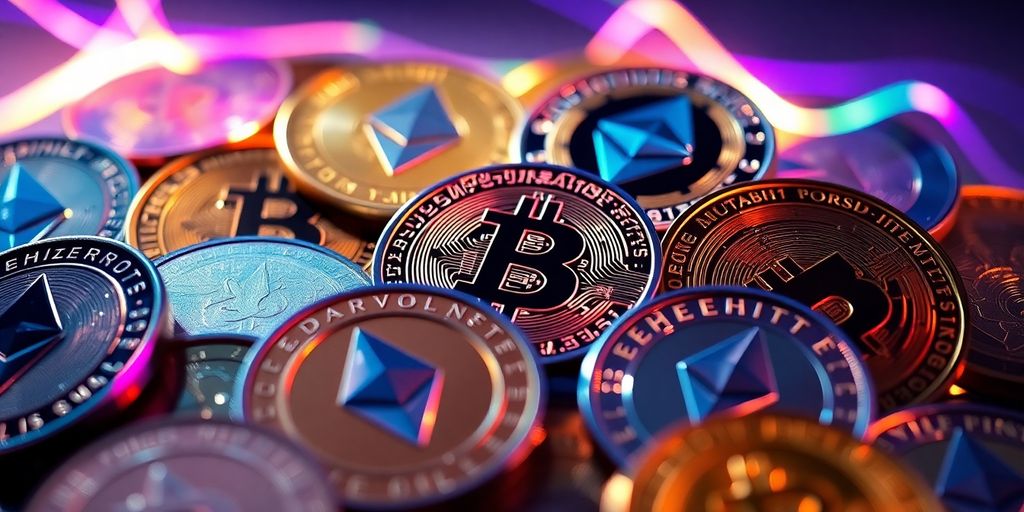 Digital coins swirling in dynamic light.