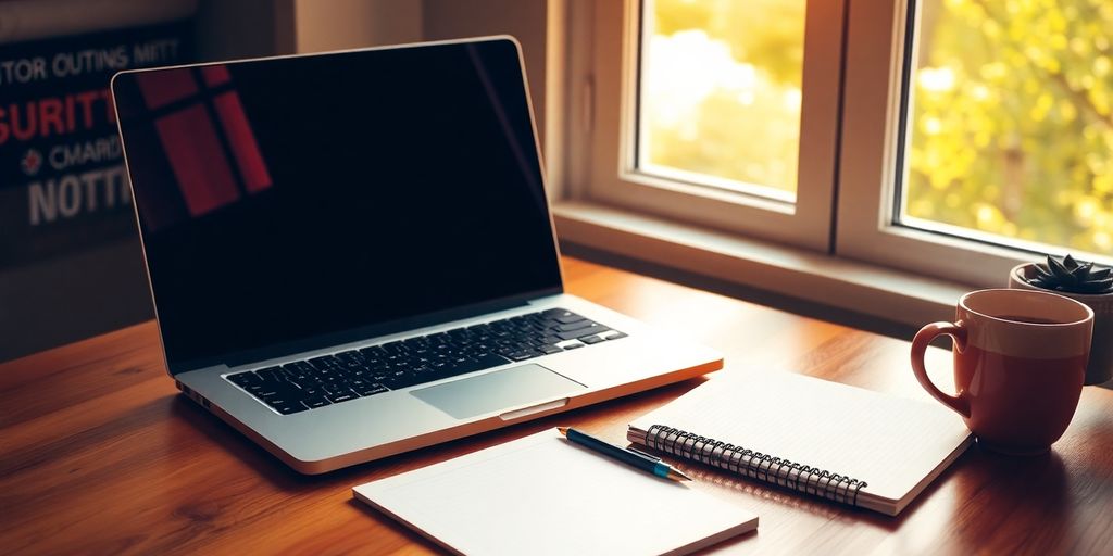 A cozy workspace with a laptop and notepad.