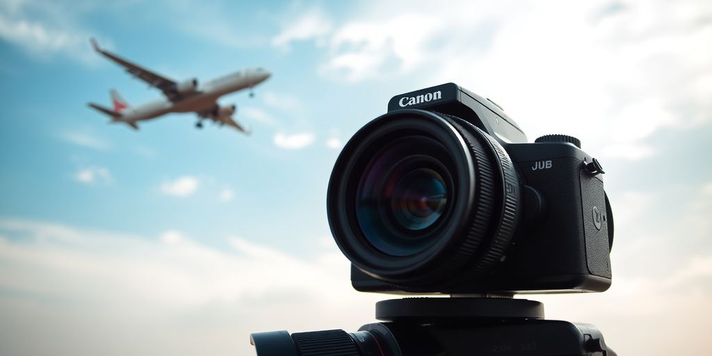 Bridge camera lens zoomed on distant airplane.
