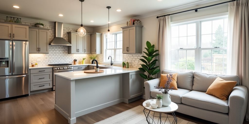 Modern kitchen with sleek design and inviting atmosphere.