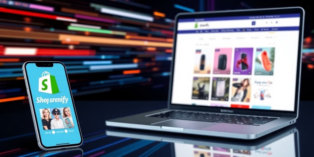 Smartphone and laptop displaying a Shopify store design.