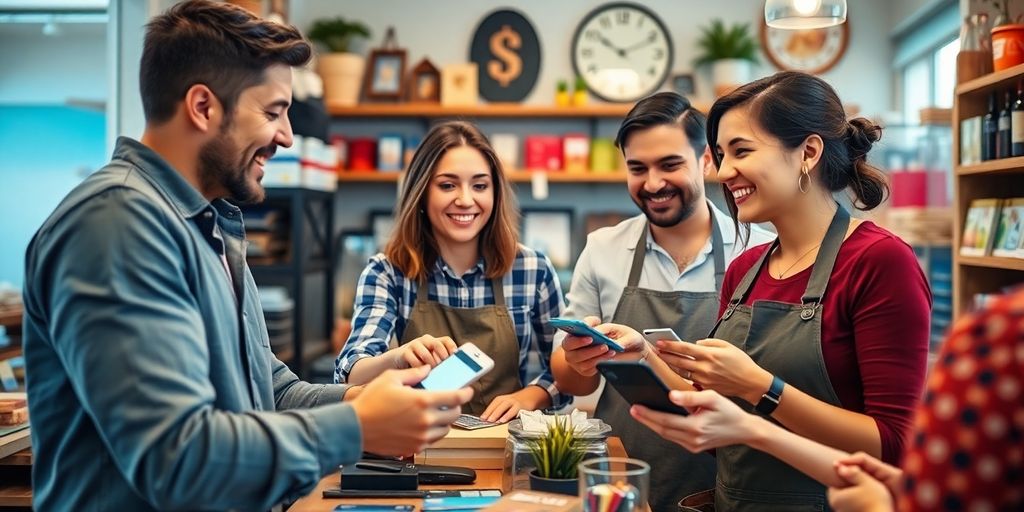 Small business owners using various payment methods in shop.