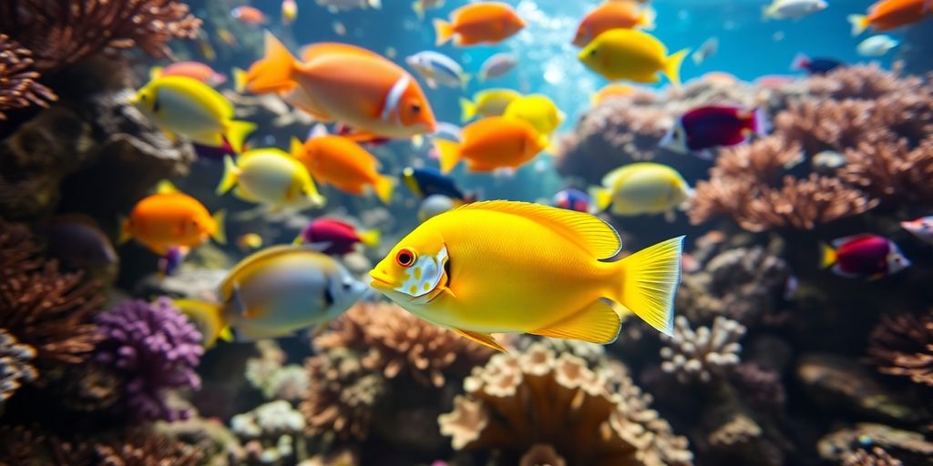 Makukulay na saltwater fish na lumalangoy sa isang coral reef.