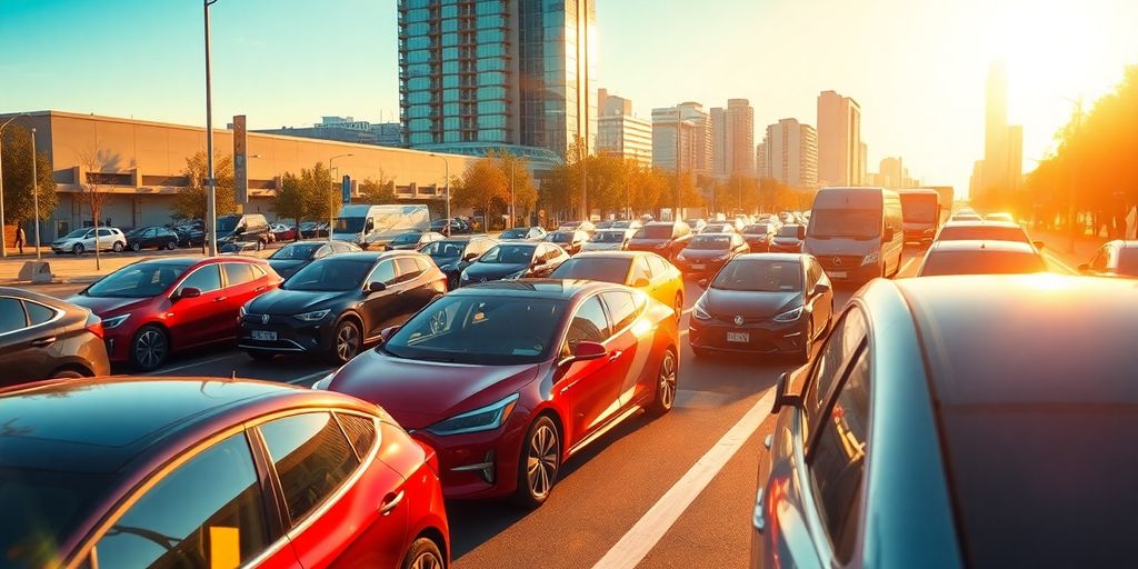 Electric cars driving on a busy city street.