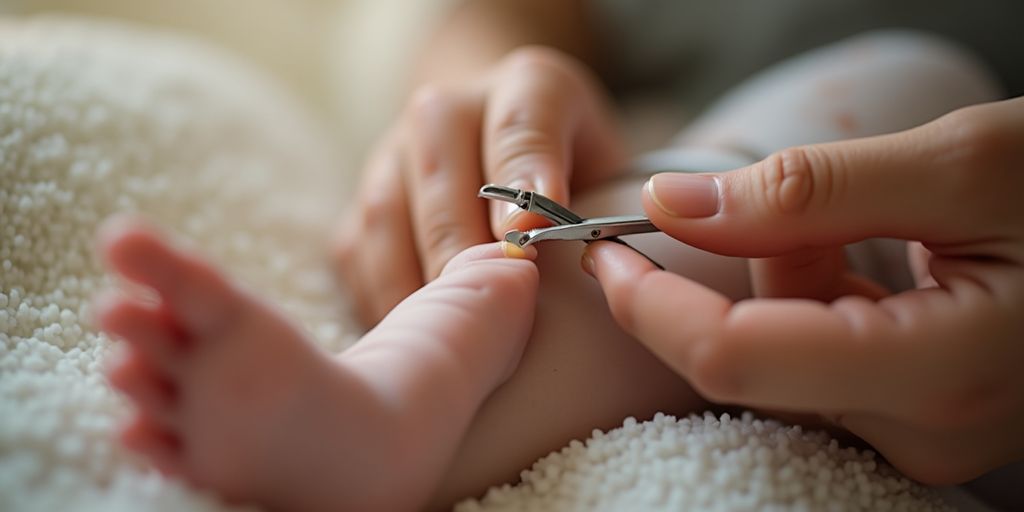 Parent trimming baby's tiny nails with care.