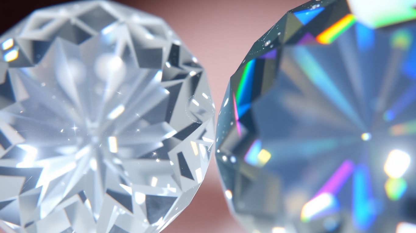 Two sparkling gemstones, one white, one with rainbow fire.