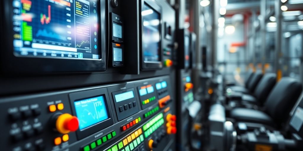 Industrial control panel with illuminated screens and machinery.