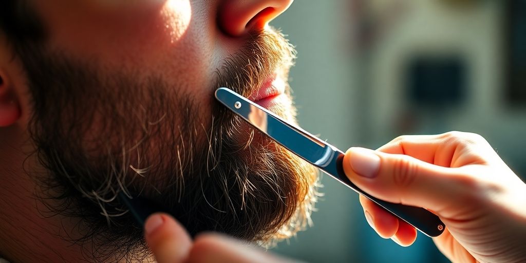 Close-up of a barber using a straight razor on a man's beard.
