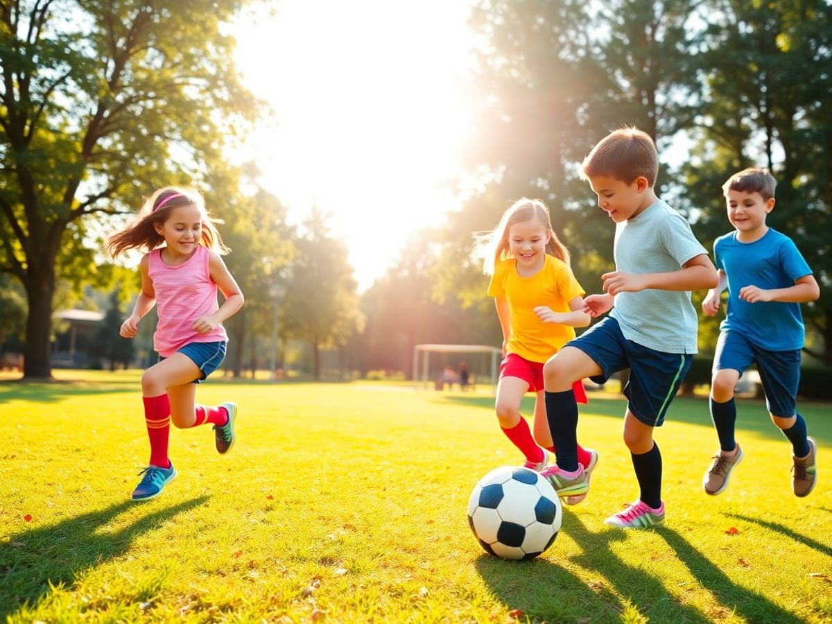 Copii jucând fotbal în parc, exprimând bucurie și energie.