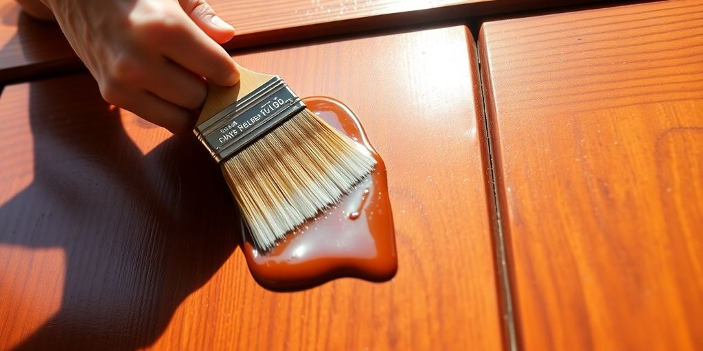 Person applying polyurethane to wood.