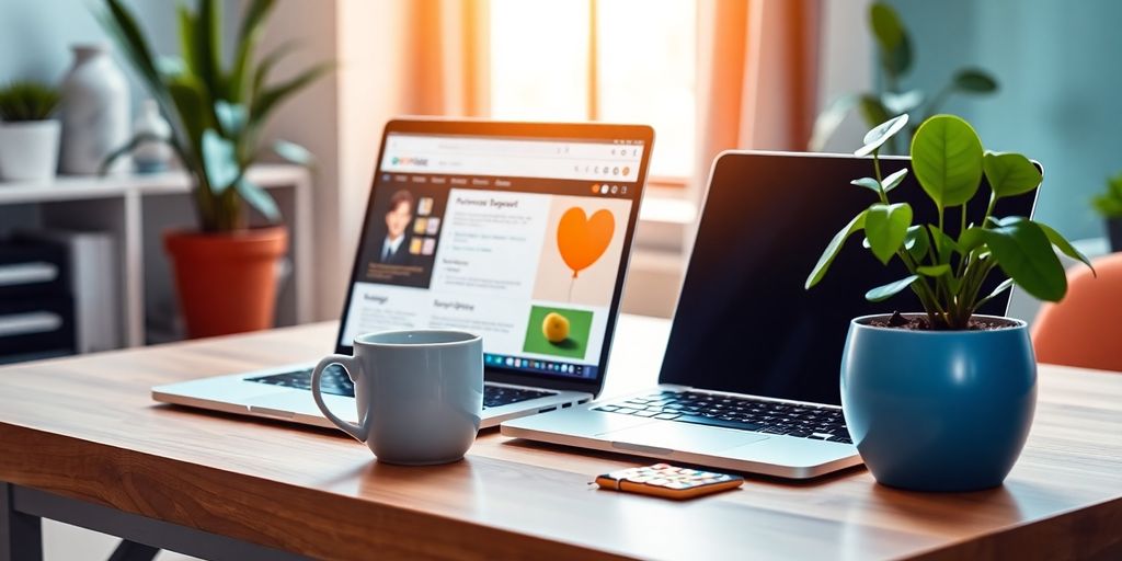 Modern workspace with laptop, coffee cup, and plant.