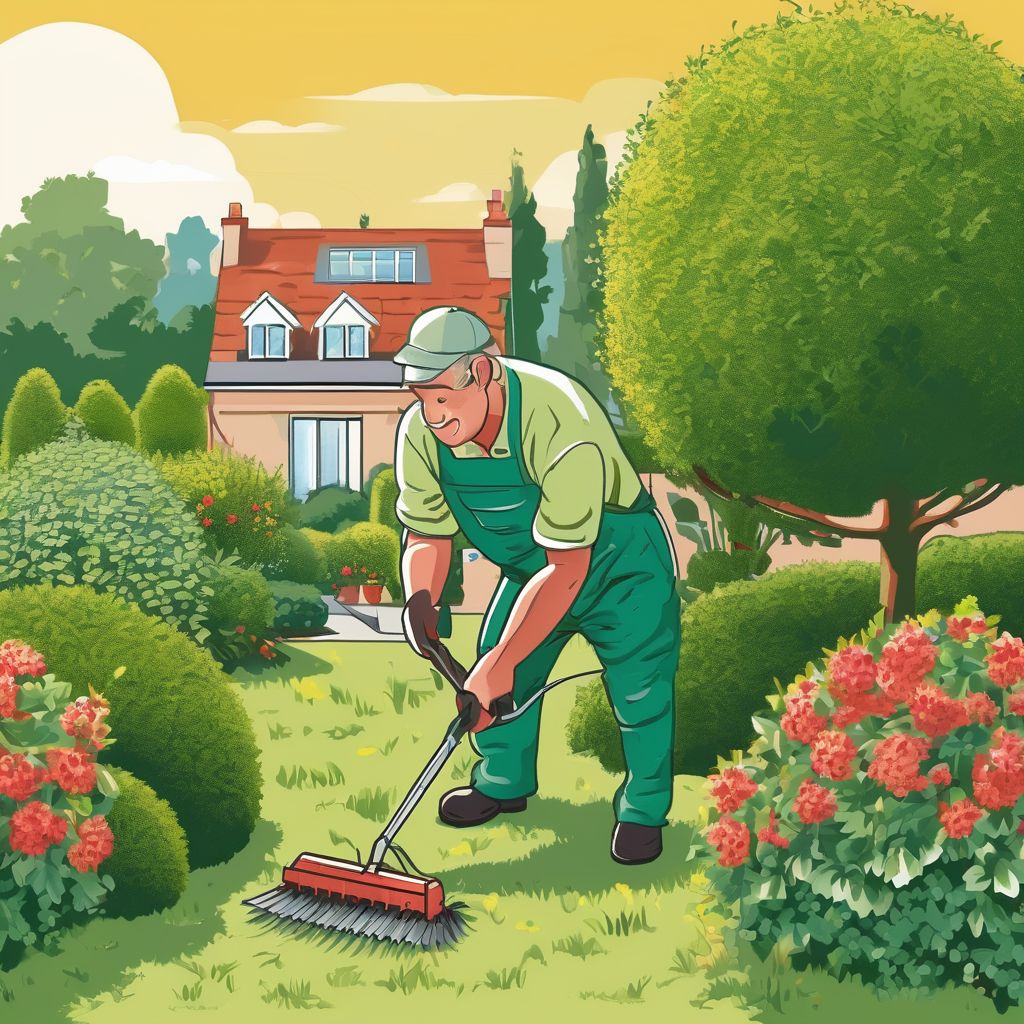 gardener trimming hedges in a sunny garden