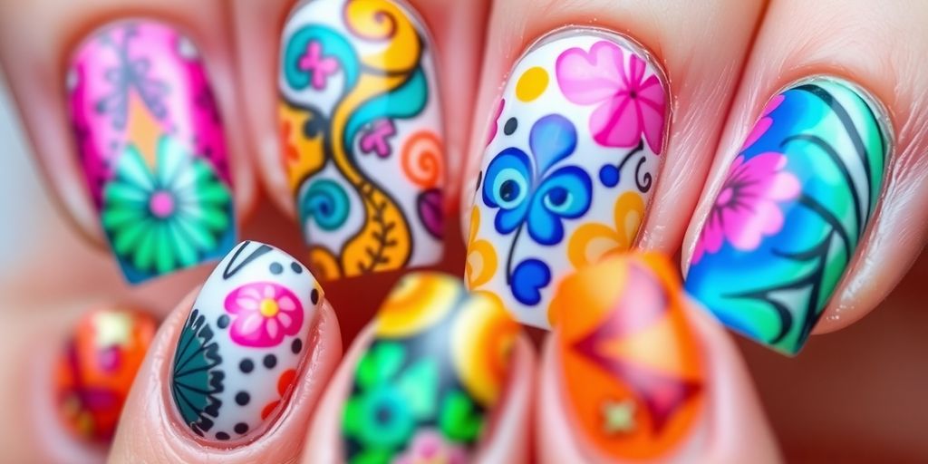 Arte de unhas colorida e bem feita.