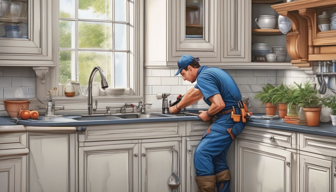 plumber fixing a leaky faucet in a kitchen