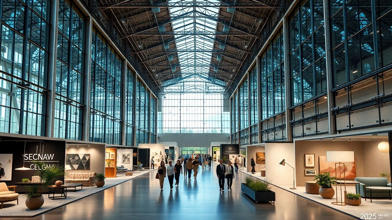 Contemporary exhibition hall with glass walls, designer booths, natural light.