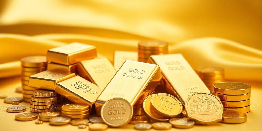 Barres et pièces d'or sur un fond élégant.