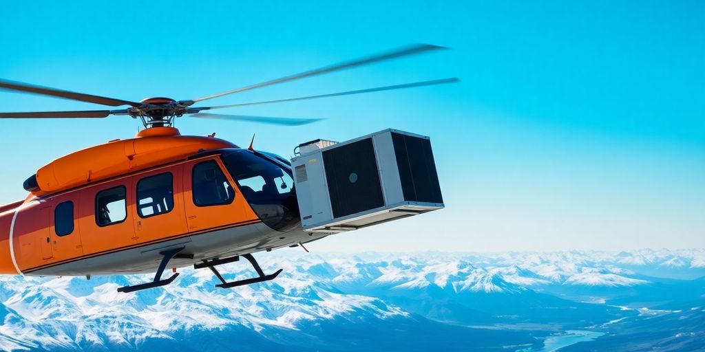 A helicopter lifts an HVAC unit against an Alaskan mountainscape.