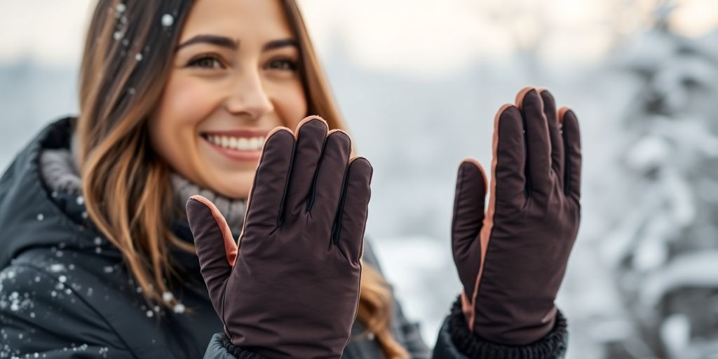 Woman wearing electric gloves, smiling warmly.