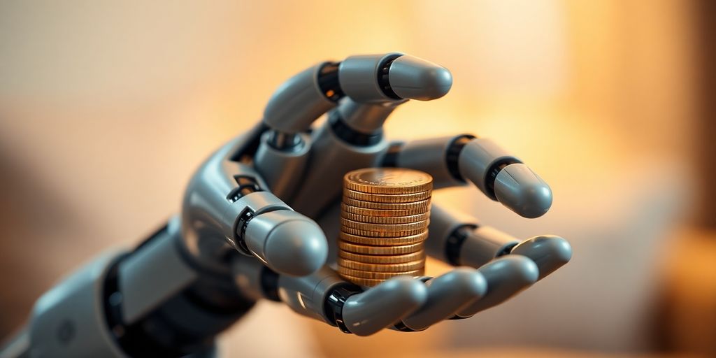 AI robot hand offering coins