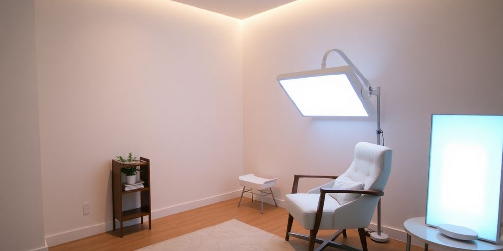 Helle Therapieräume mit Lichttherapie-Geräten.