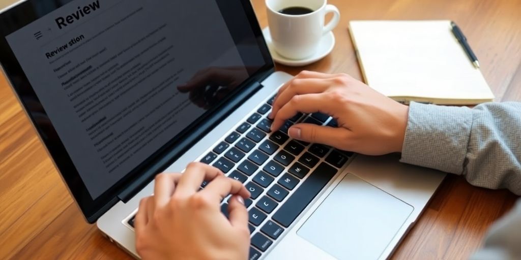 Person writing a review on a laptop with coffee.