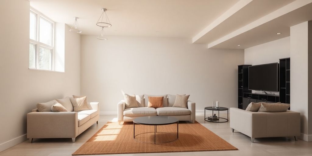 Well-lit, finished basement interior with cozy furniture.