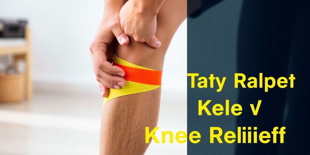 Person applying colorful KT tape on a knee.
