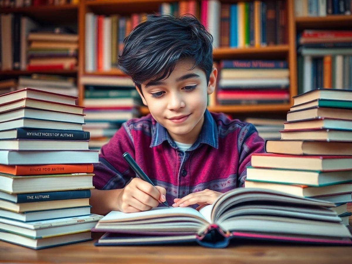 Tânăr scriitor într-un mediu inspirator, plin de cărți.