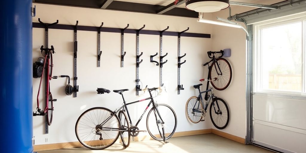 Organized bike storage with vertical racks and wall holders.