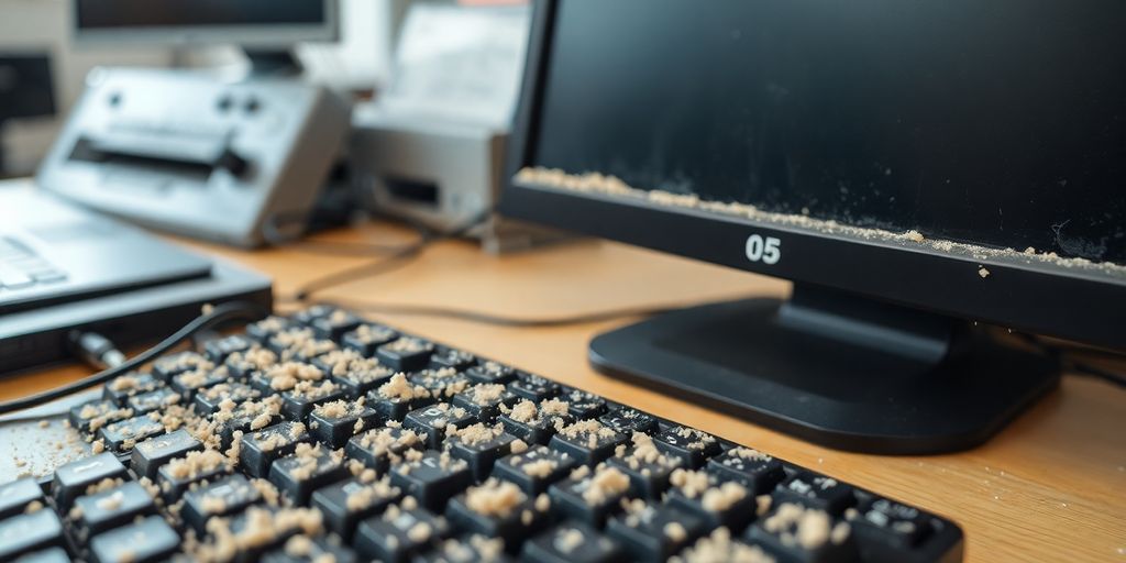 Dusty office keyboard and monitor screen.