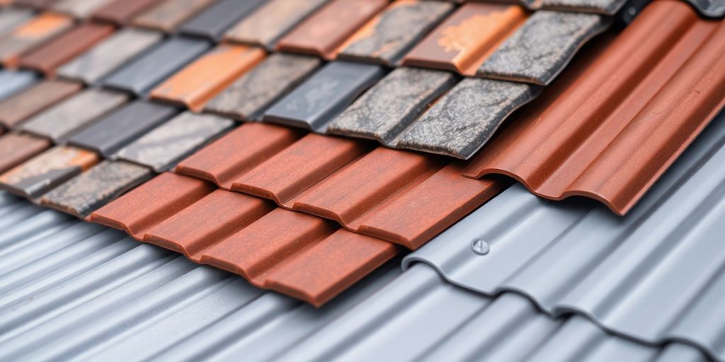 Diverse dakmaterialen zoals shingles, tegels en metalen platen.