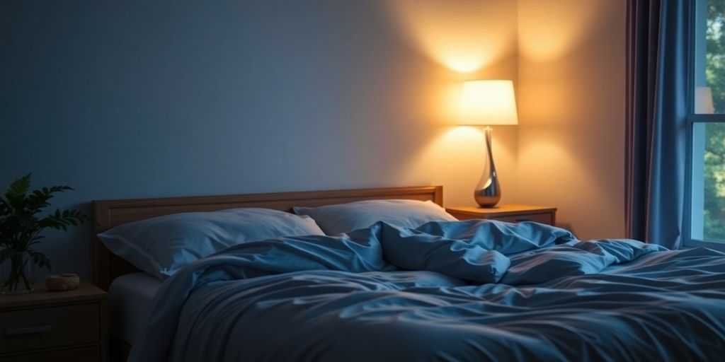 A peaceful bedroom with soft lighting and cozy bedding.