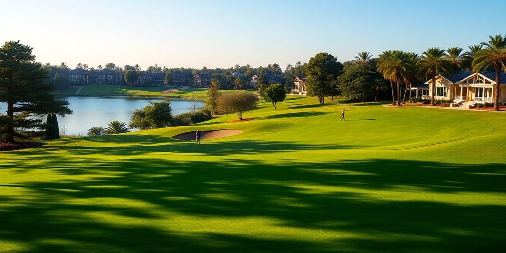 Golfers on a beautiful course surrounded by lush greenery.