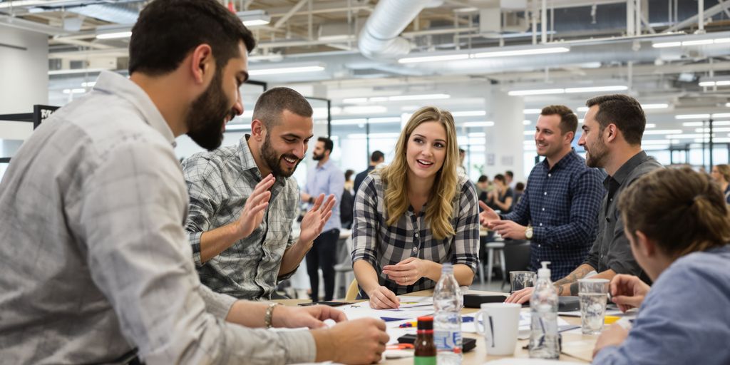 Successful entrepreneurs collaborating in modern office space.