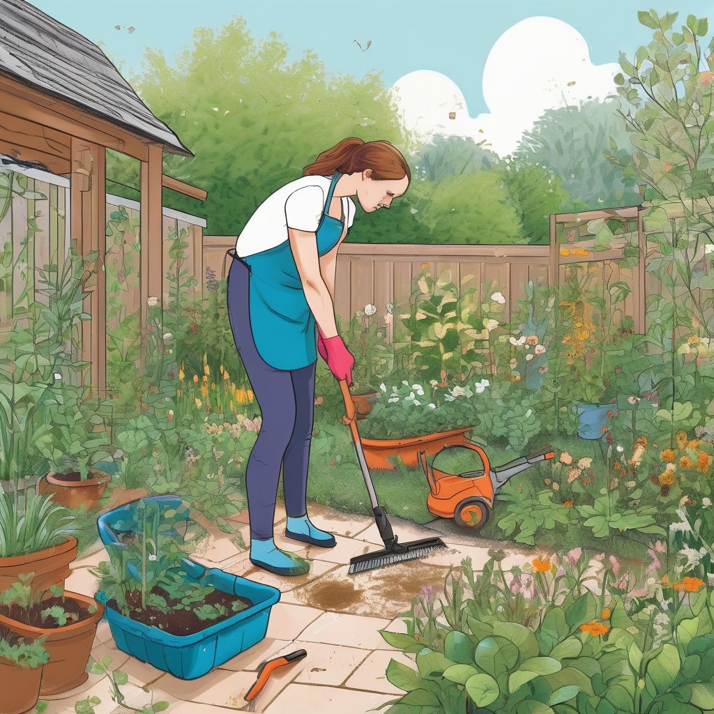 person cleaning garden with tools and plants around
