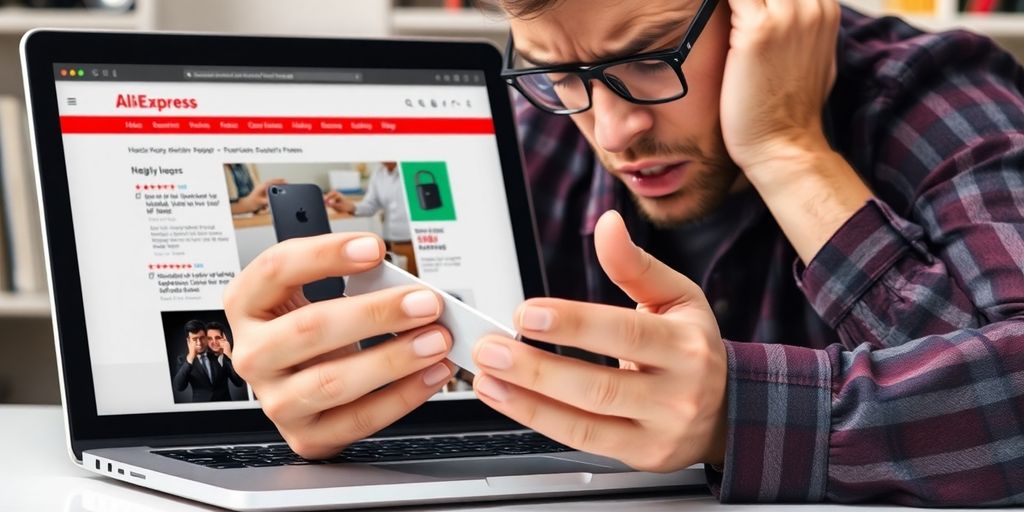 Frustrated shopper with negative reviews on laptop screen.