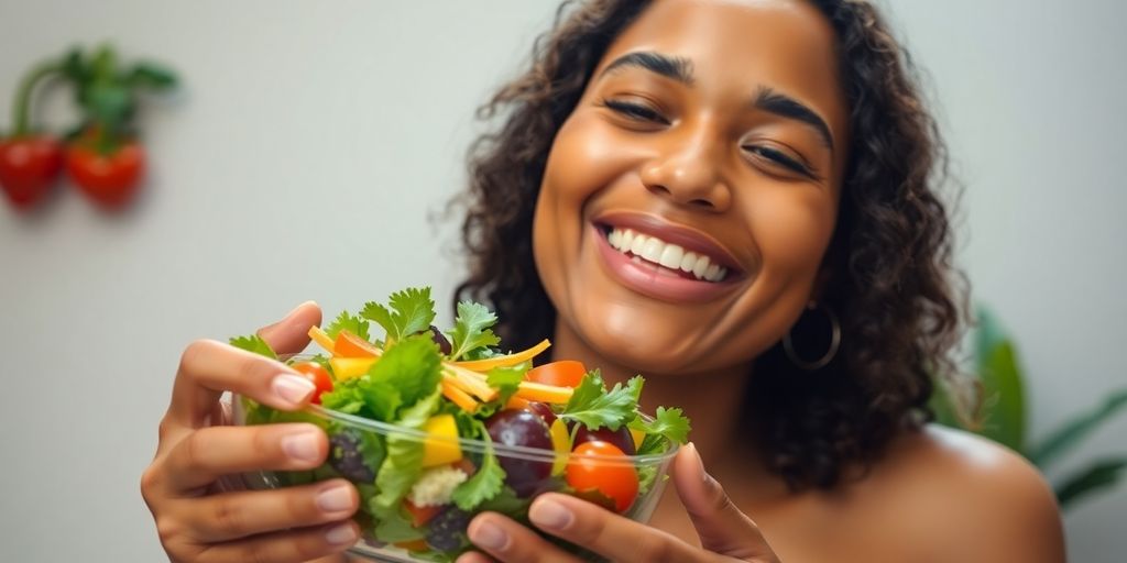 Person enjoying a healthy meal, looking vibrant.