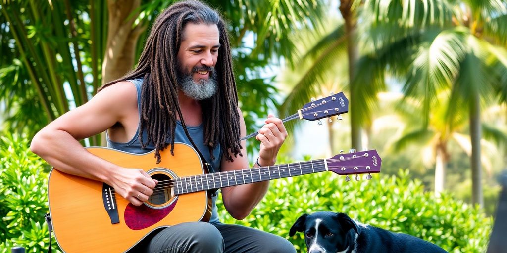 Scott Woodruff with dreadlocks, guitar, and dog.