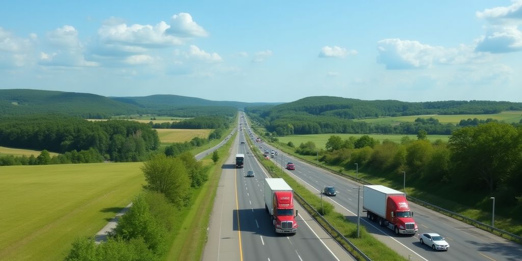 Trucks traveling on Interstate 29 through scenic landscape.