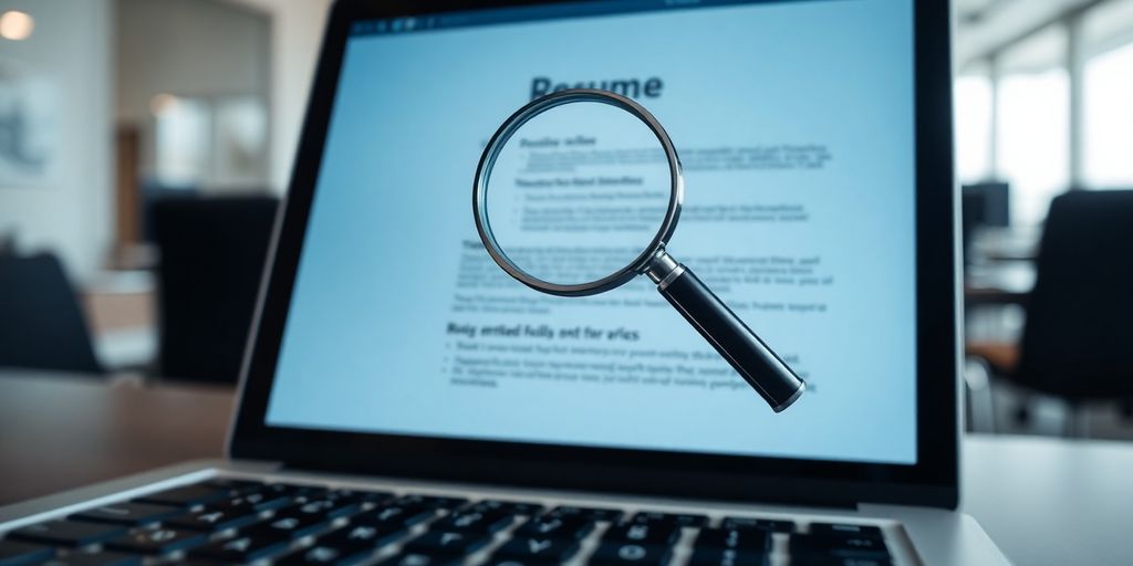 Laptop screen with resume document and magnifying glass icon.